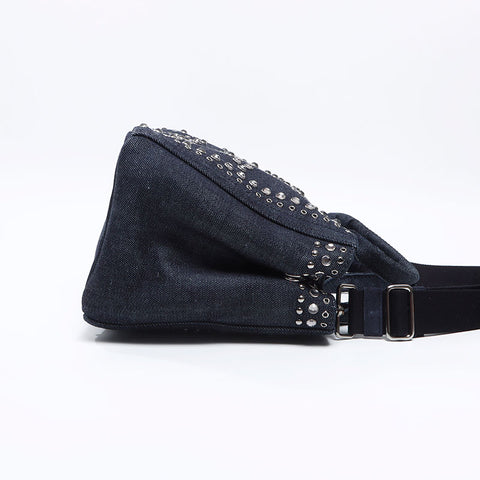 PRADA Canapa Studded Denim S Handbag Navy WS13713