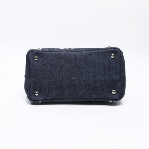 PRADA Canapa Studded Denim S Handbag Navy WS13713
