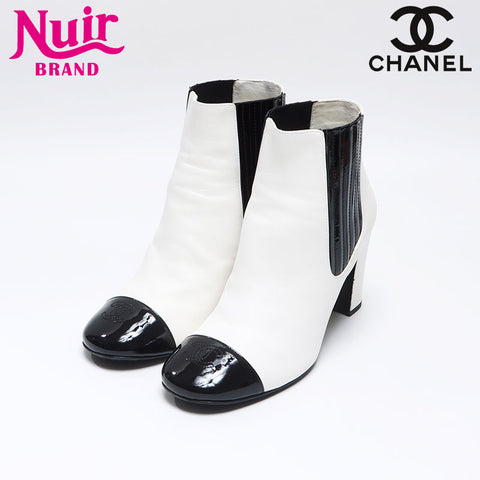シャネル CHANEL レザー × パテントレザー ココマーク ヒール アンクル 38c 24cm ブーツ ホワイト WS13729