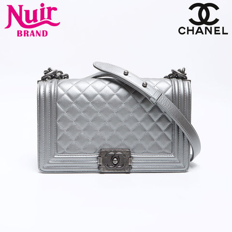シャネル CHANEL 24番台 2016-2017 ボーイ シャネル キャビアスキン 25cm ガンメタリック ショルダーバッグ シルバー WS13772