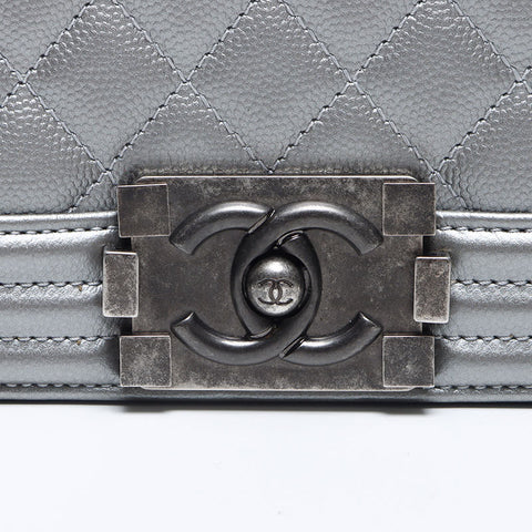 シャネル CHANEL 24番台 2016-2017 ボーイ シャネル キャビアスキン 25cm ガンメタリック ショルダーバッグ シルバー WS13772
