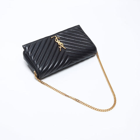 イヴ・サンローラン YVES SAINT LAURENT ステッチ ソフトレザー チェーンロゴ ショルダーバッグ ブラック WS13777