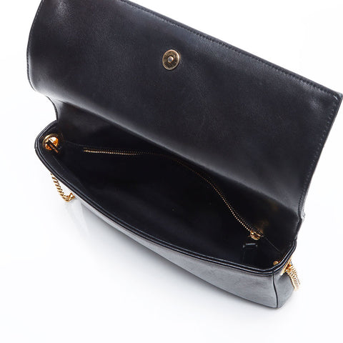 イヴ・サンローラン YVES SAINT LAURENT ステッチ ソフトレザー チェーンロゴ ショルダーバッグ ブラック WS13777