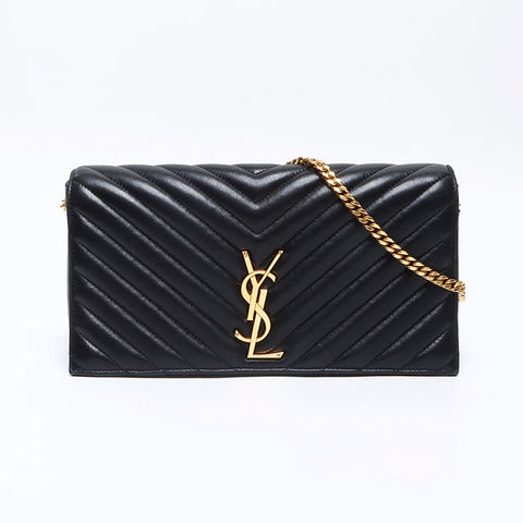 イヴ・サンローラン YVES SAINT LAURENT ステッチ ソフトレザー チェーンロゴ ショルダーバッグ ブラック WS13777