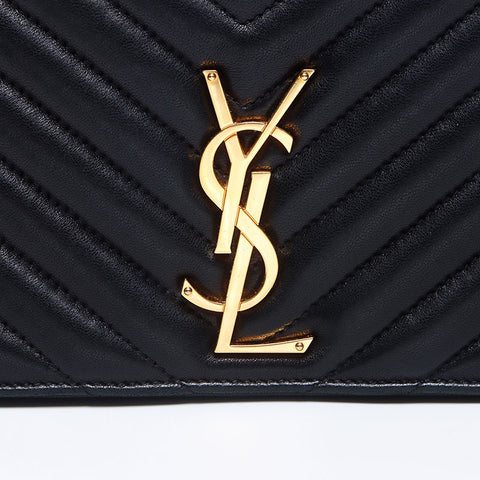 イヴ・サンローラン YVES SAINT LAURENT ステッチ ソフトレザー チェーンロゴ ショルダーバッグ ブラック WS13777