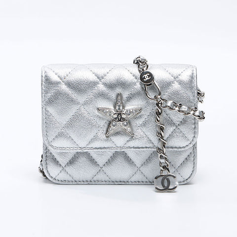 シャネル CHANEL ミニ マトラッセ ポーチ チェーン スター ショルダーバッグ シルバー WS13815
