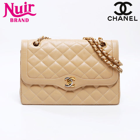 シャネル CHANEL 1985-1993 キャビアスキン パリ限定 マトラッセ ダブルフラップ ショルダーバッグ ベージュ WS13821