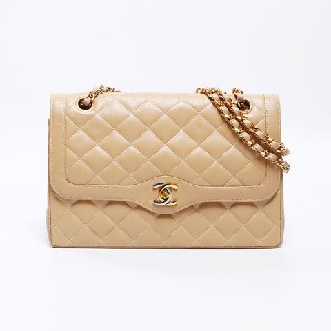 シャネル CHANEL 1985-1993 キャビアスキン パリ限定 マトラッセ ダブルフラップ ショルダーバッグ ベージュ WS13821