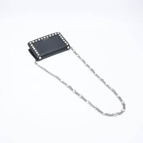 Miu Miu Leather Bijou Pearl Chain Shoulder Bag black WS13829