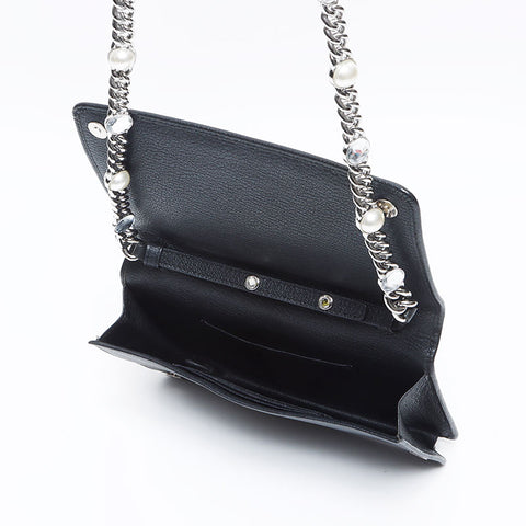 Miu Miu Leather Bijou Pearl Chain Shoulder Bag black WS13829