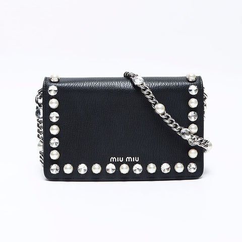 Miu Miu Leather Bijou Pearl Chain Shoulder Bag black WS13829