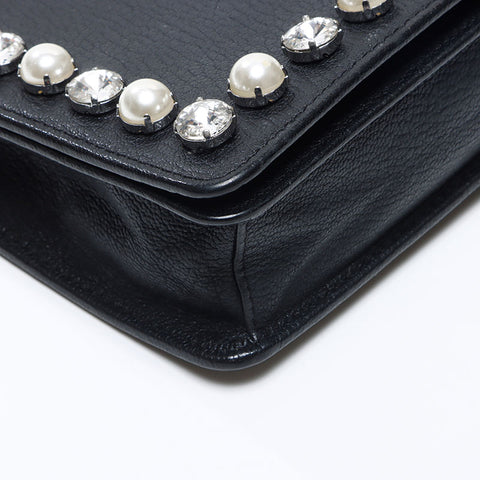 Miu Miu Leather Bijou Pearl Chain Shoulder Bag black WS13829