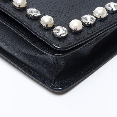 Miu Miu Leather Bijou Pearl Chain Shoulder Bag black WS13829