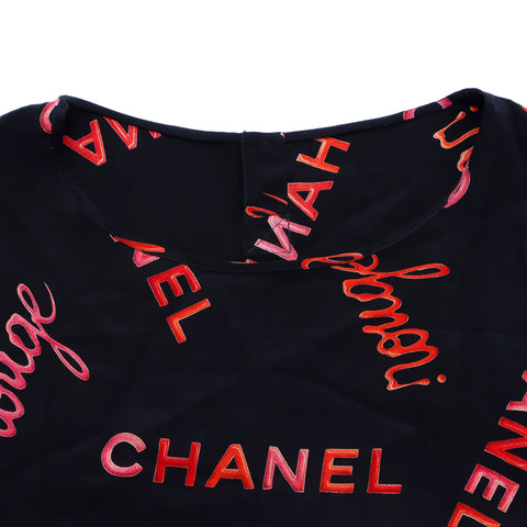 Chanel Chanel Sans manches entièrement sur le logo Bouton Silk Blouse Black Black WS1390