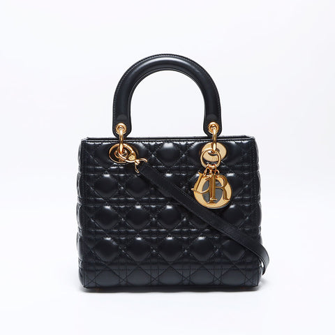 クリスチャンディオール Christian Dior レディー ディオール ミディアム ラムスキン ショルダーバッグ ブラック WS13949