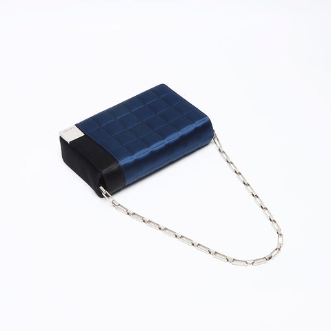 シャネル CHANEL 2001-2002 サテン チョコバー 7番台 ショルダーバッグ ネイビー WS13954