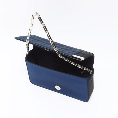 シャネル CHANEL 2001-2002 サテン チョコバー 7番台 ショルダーバッグ ネイビー WS13954
