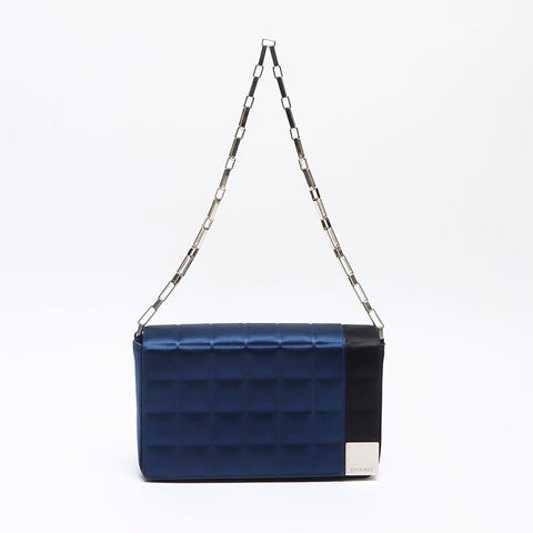 シャネル CHANEL 2001-2002 サテン チョコバー 7番台 ショルダーバッグ ネイビー WS13954