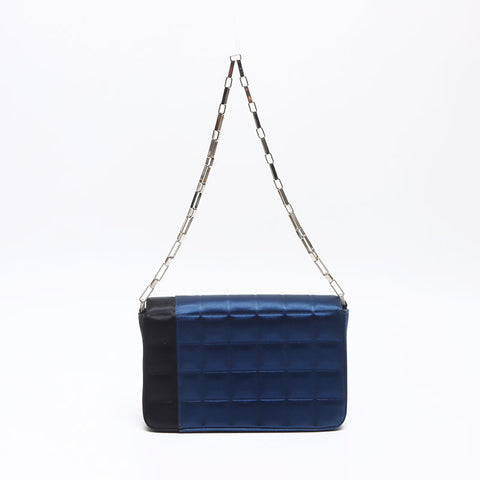 シャネル CHANEL 2001-2002 サテン チョコバー 7番台 ショルダーバッグ ネイビー WS13954