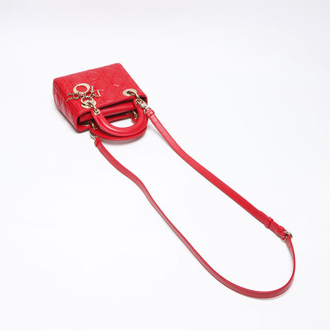 Christian Dior Lady Dior Mini Lambskin 2way Shoulder Bag Red WS13960