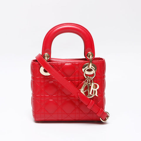 Christian Dior Lady Dior Mini Lambskin 2way Shoulder Bag Red WS13960