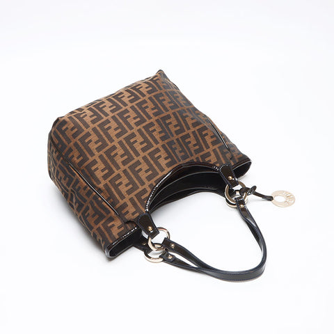 フェンディ FENDI ズッカ キャンバス パテントレザー ハンドバッグ ブラウン WS13966