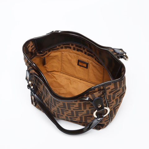 フェンディ FENDI ズッカ キャンバス パテントレザー ハンドバッグ ブラウン WS13966