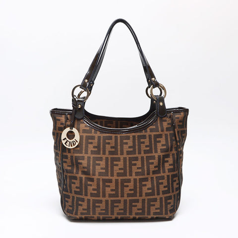 フェンディ FENDI ズッカ キャンバス パテントレザー ハンドバッグ ブラウン WS13966