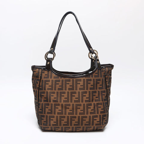 フェンディ FENDI ズッカ キャンバス パテントレザー ハンドバッグ ブラウン WS13966