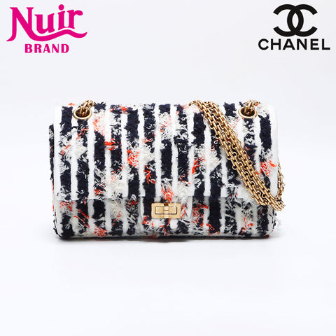 CHANEL Tweed 2.55 Multicolor Double Flap Shoulder Bag Navy WS14024