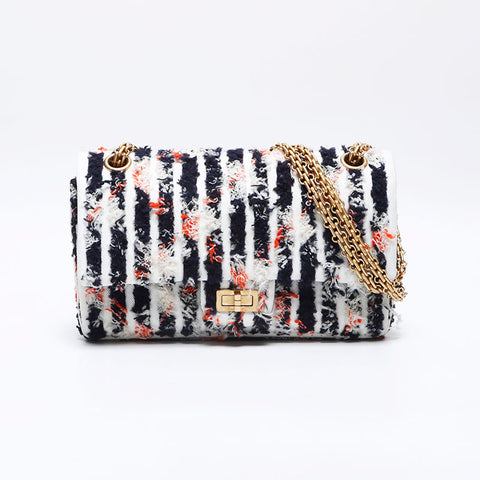 CHANEL Tweed 2.55 Multicolor Double Flap Shoulder Bag Navy WS14024