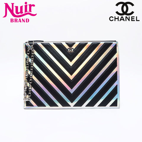 CHANEL 25th Chevron Mirror Silver COCO Mark 2017 Clutch bag black WS14041