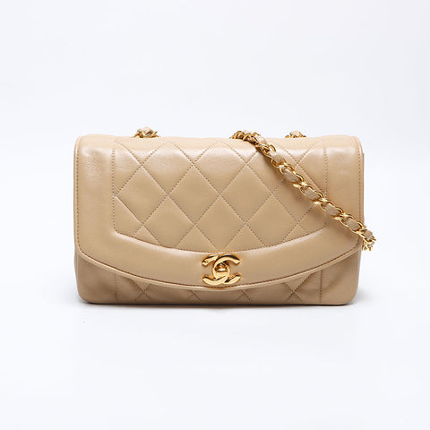 シャネル CHANEL 1985-1993年 1番台 ラムスキン ダイアナ マテラッセ チェーン ショルダーバッグ ベージュ WS14052