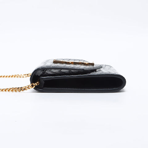 イヴ・サンローラン YVES SAINT LAURENT YSL ロゴ 型押しレザー チェーン ショルダーバッグ ブラック WS14056