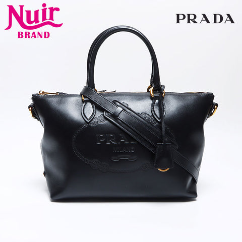 PRADA Logo embossed leather 2way Shoulder Bag black WS14090
