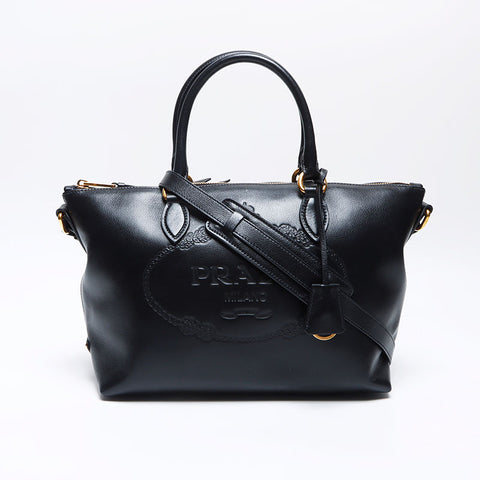 PRADA Logo embossed leather 2way Shoulder Bag black WS14090
