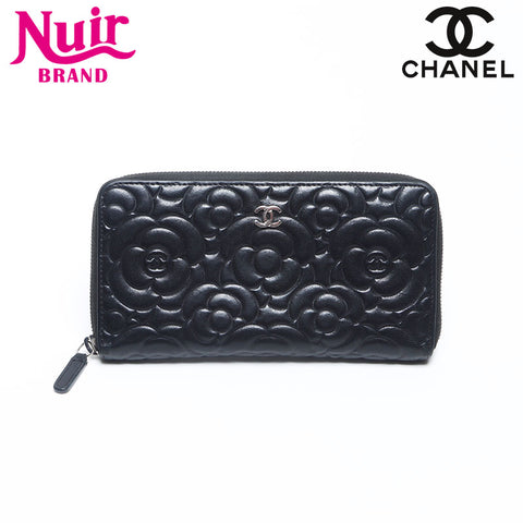 シャネル CHANEL 27番台 2018-2019 ラウンドジップ カメリア ラムスキン 長財布 ブラック WS14117