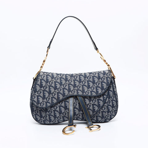 Christian Dior Trotter Canvas Saddlebag Shoulder Bag Navy WS14130