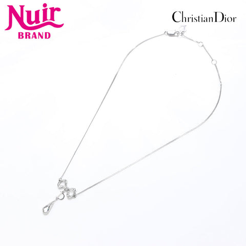 Christian Dior Rhinestone Ribbon Logo Necklace Silver WS14134