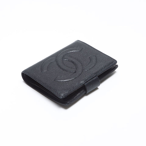 CHANEL No. 4 1996-1997 COCO Mark Caviar Skin Bifold Wallet black WS14180