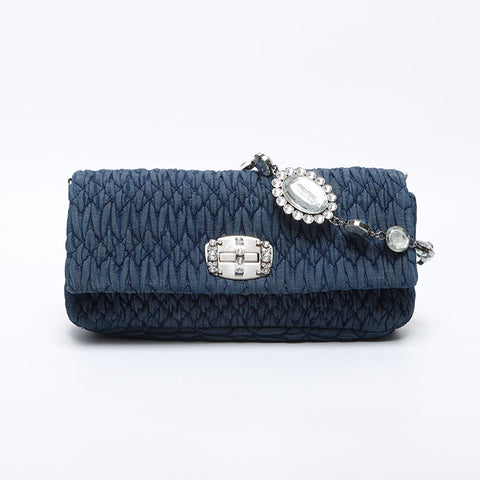 Miu Miu Matelasse Denim Crystal Shoulder Bag Navy WS14199