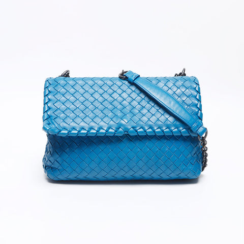 BOTTEGAVENETA INTRECCIATO Leather Olympia Chain Shoulder Bag blue WS14204