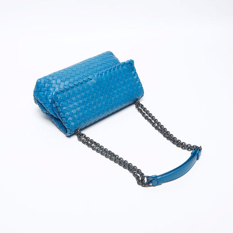 BOTTEGAVENETA INTRECCIATO Leather Olympia Chain Shoulder Bag blue WS14204