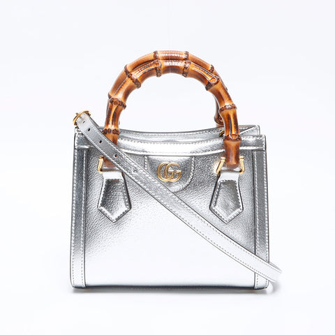 GUCCI Diana Mini Tote Bamboo Shoulder Bag Silver WS14263