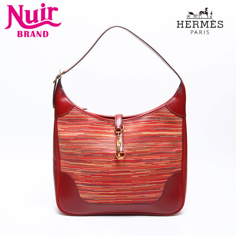 HERMES Trim 35 ◽️C engraved 2000 Vibrato box calf Rouge Ash Shoulder Bag Brown WS14280