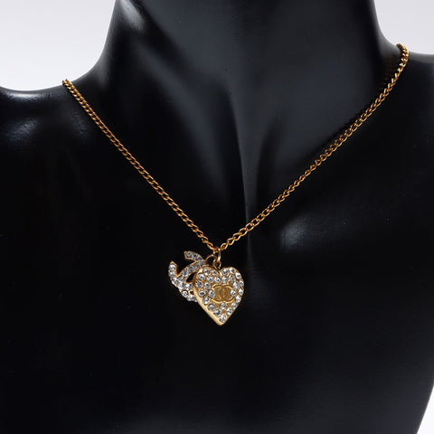 CHANEL 02P Heart Rhinestone COCO Mark 2002 Necklace gold WS14288
