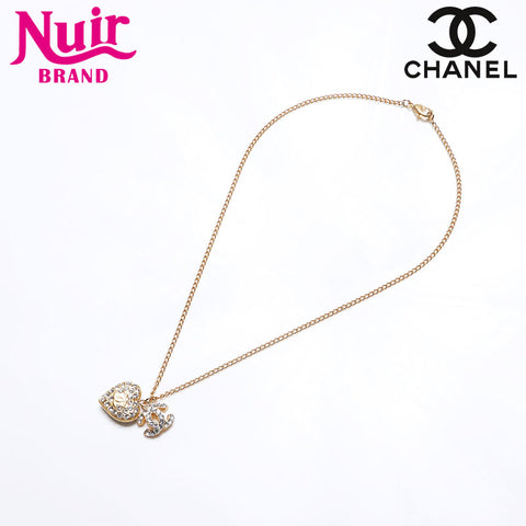 CHANEL 02P Heart Rhinestone COCO Mark 2002 Necklace gold WS14288