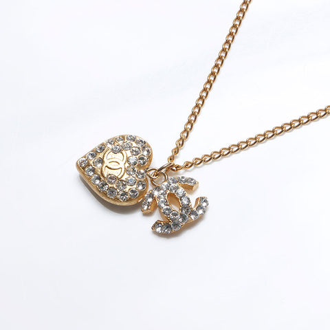 CHANEL 02P Heart Rhinestone COCO Mark 2002 Necklace gold WS14288