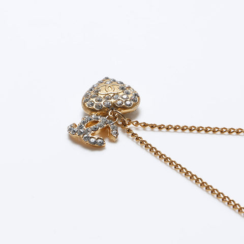 CHANEL 02P Heart Rhinestone COCO Mark 2002 Necklace gold WS14288
