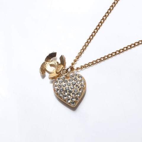 CHANEL 02P Heart Rhinestone COCO Mark 2002 Necklace gold WS14288